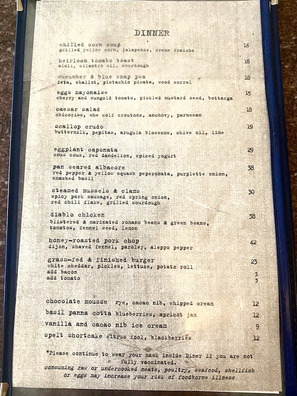 Menu at Diner