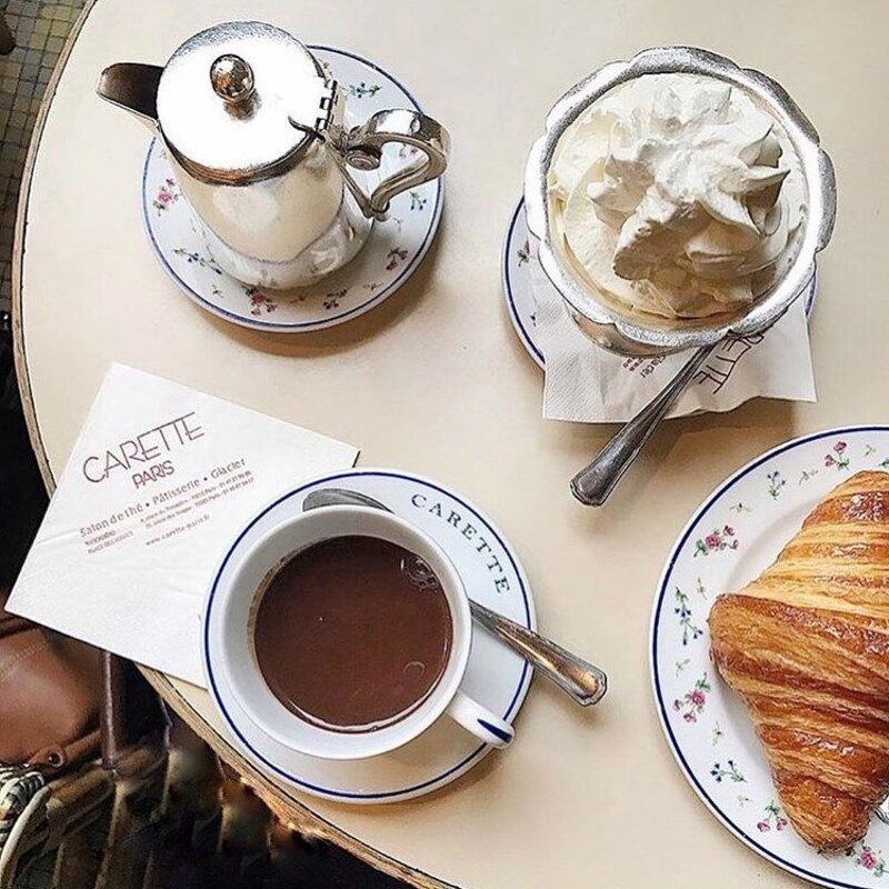 Chocolat chaud and Chantilly cream at Carette parisian desserts